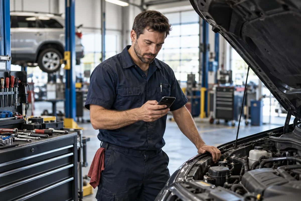 Mechanic checking a phone beside a vehicle in a garage