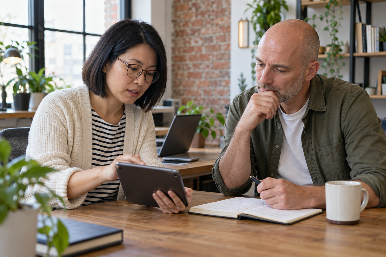 Illustrative scene of two people reviewing a tablet and notes in a workspace