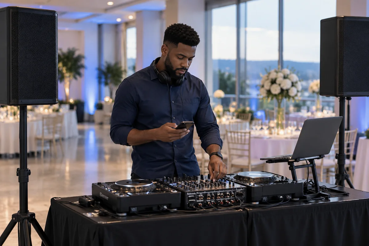 DJ checking a phone while setting up an event